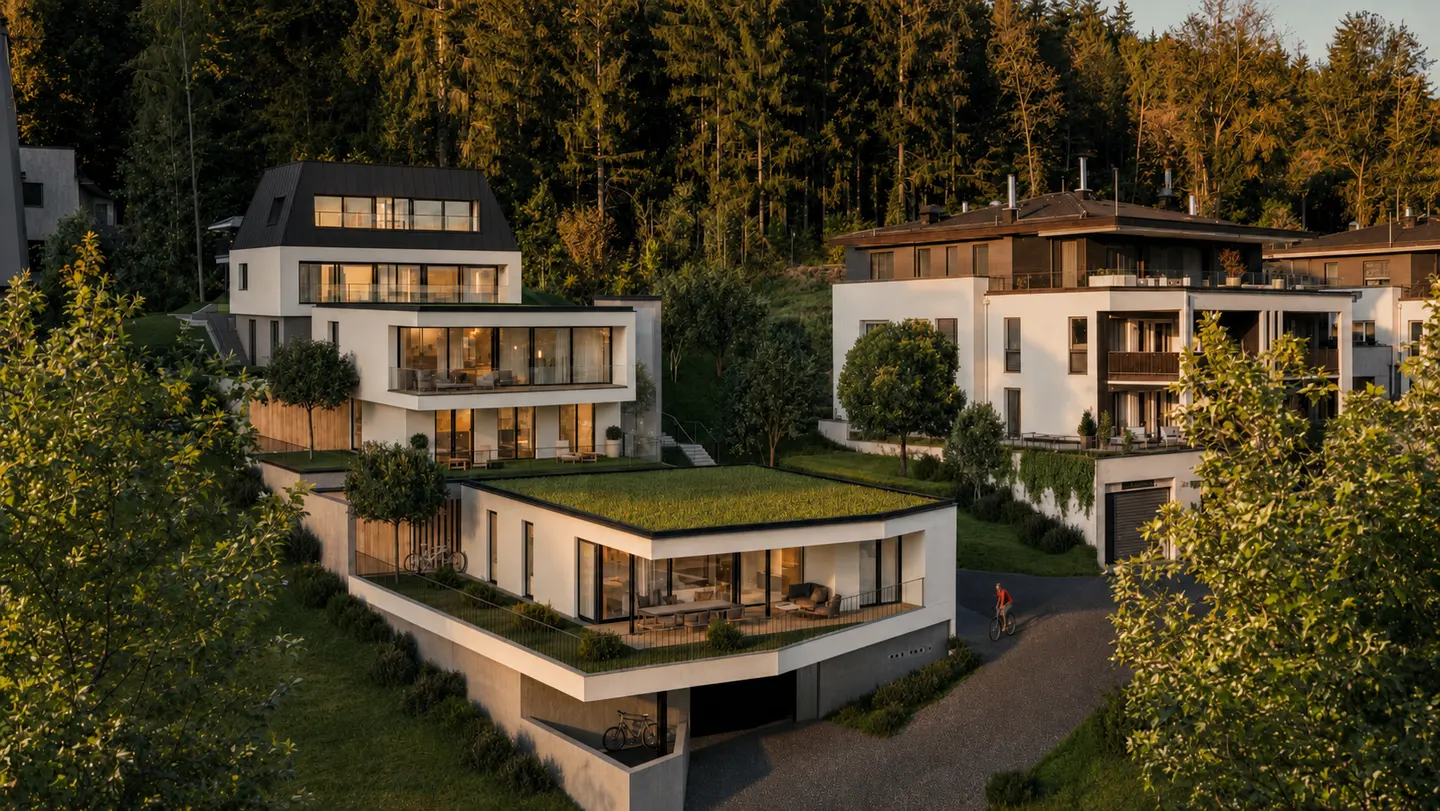 Villen St. Martin am sonnigen Südhang des Kreuzbergls – Symbolfoto, mit KI bearbeitet