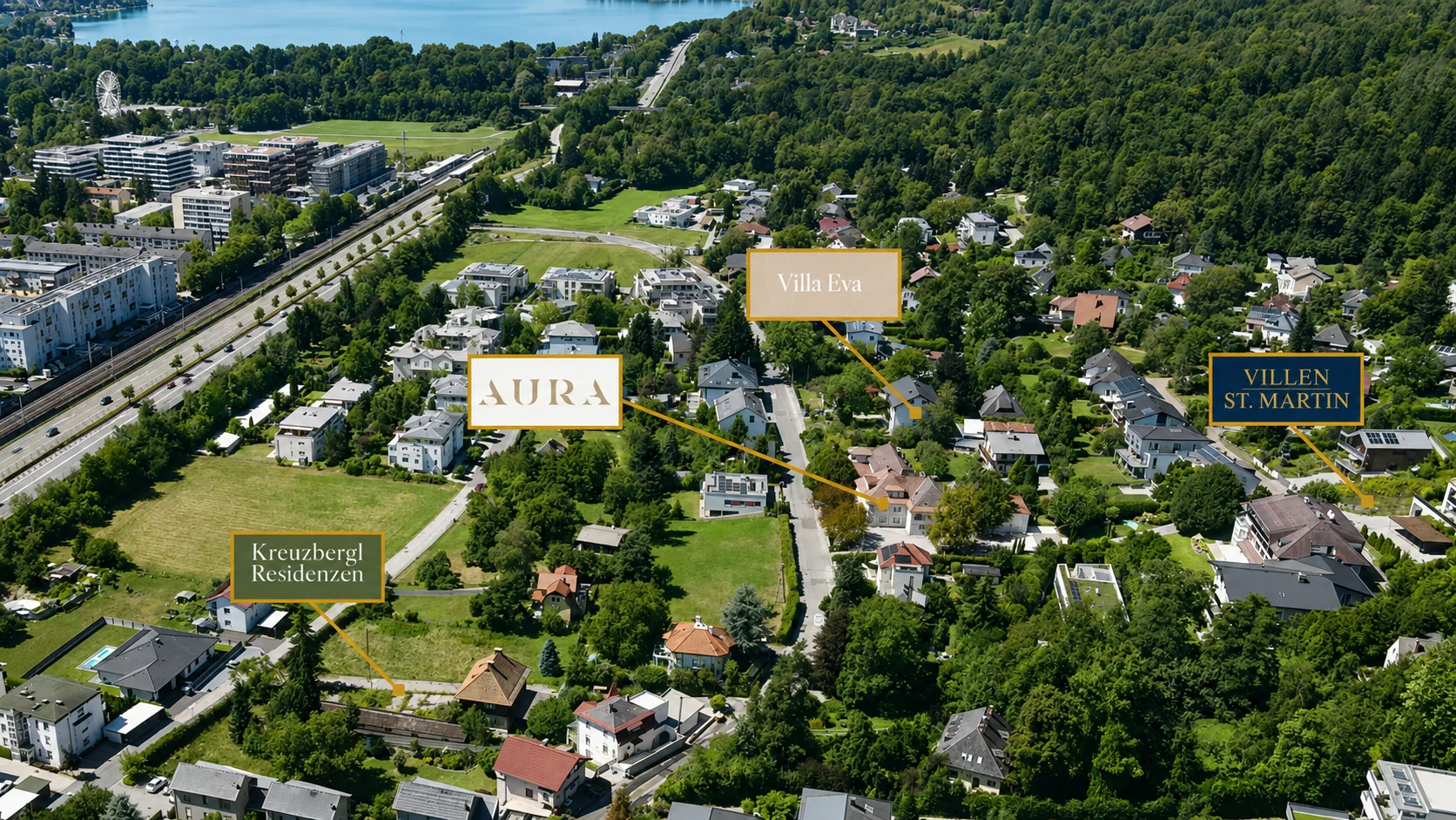 Luftaufnahme von St. Martin mit den markierten Standorten von Villa Eva, Aura, Kreuzbergl Residenzen und Villen St. Martin – Symbolfoto, mit KI bearbeitet